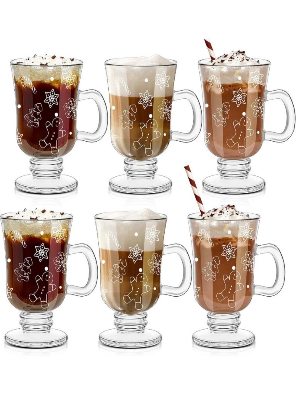 Set of 6 Gingerbread Man Glass Coffee Mugs with Handle - Festive Holiday